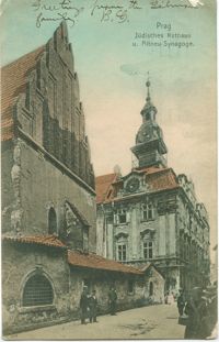 Prag Jüdisches Rathaus u. Altneu-Synagoge.