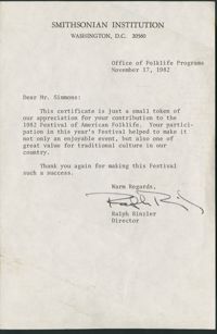 Letter from Ralph Rinzler to Philip Simmons