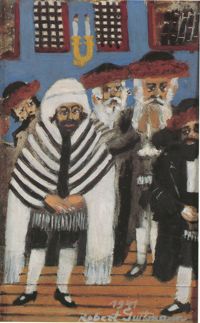 Chasidé v synagóze na Podkarpatské Rusi (1941, olej na lepence) / Hasidim in a synagogue in Carpathian Ruthenia (1941, oil on cardboard)