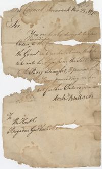 Thomas S. Grimke Autograph Collection, Letter to Brigadier General Zachary McIntosh from Commander Archibald Bulloch, November 23, 1776