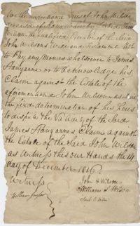 Legal document from the heirs of John Wilson's estate forbidding Thomas Wilson from paying out money to James Stanyarne from estate, December 14, 1816