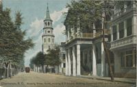 Charleston, S.C. Meeting Street, South, showing S.C. Society Building Organized 1737, and old St. Michaels Church