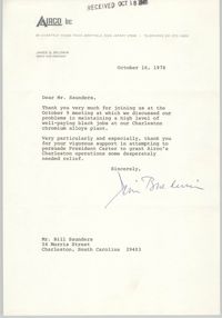 Letter from James G. Baldwin to William Saunders, October 16, 1978