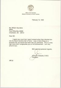 Letter from James B. Edwards to William Saunders, February 10, 1993