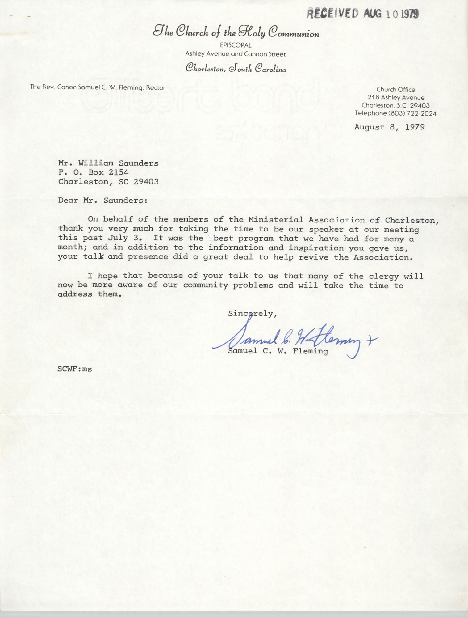 Letter From Samuel C W Fleming To William Saunders August 8 1979 Tify