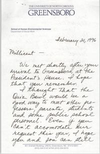 Letter from Carolyn Moore to Millicent Brown, February 21, 1996