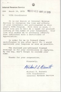 Letter from Michael S. Barnett, March 29, 1979