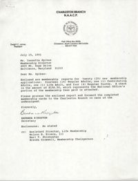 Letter from Barbara Kingston to Isazetta Spikes, July 15, 1991