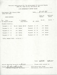 Life Membership Report Blank, Charleston Branch of the NAACP, Barbara Kingston, August 15, 1991