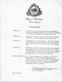 Proclamation for National Y.W.C.A. Week, City of Charleston, April 16, 1968