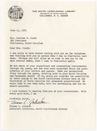 Letter from Thomas L. Johnson to Septima P. Clark, June 11, 1974
