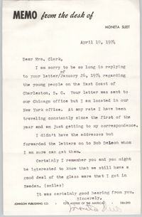 Memorandum from Moneta Sleet to Septima P. Clark, April 10, 1974