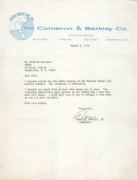 Letter from Rufus C. Barkley, Jr. to William Saunders, August 2, 1974