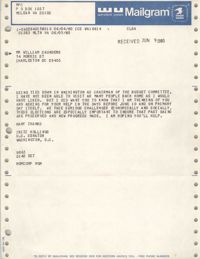 Mailgram from Fritz Hollings to William Saunders, June 9, 1980