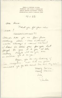 Letter from Paula O. Hinton to Anna D. Kelly, April 1, 1983