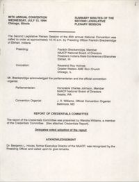 85th Annual Convention Summary Minutes of the Second Legislative Plenary Session, July 13, 1994