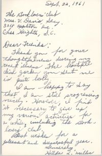 Letter from Hilda L. Miller to Book Lovers' Club Member, September 22, 1961
