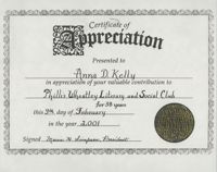 Certificate of Appreciation, Anna D. Kelly