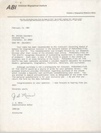 Letter from J. S. Mills to William Saunders, February 13, 1981