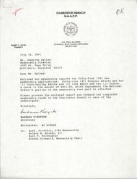 Letter from Barbara Kingston to Isazetta Spikes, July 31, 1991