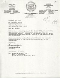 Letter from Barbara Kingston to Isazetta Spikes, November 12, 1991