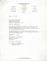 Letter from Deboria D. Gourdine to Janice Washington, NAACP, March 17, 1989