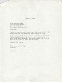 Letter from H. P. Hutchinson to First National Bank, August 3, 1966