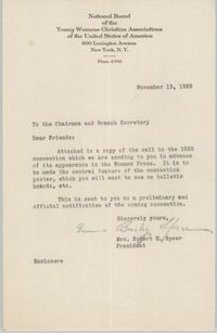 Letter from Robert E. Speer to National Board of the Y.W.C.A., November 19, 1929