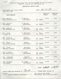Membership Report Blank, Charleston Branch of the NAACP, Dorothy Jenkins, December 15, 1990