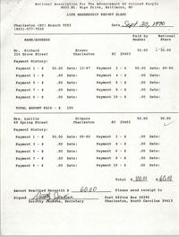 Life Membership Report Blank, Charleston Branch of the NAACP, Dorothy Jenkins, September 30, 1990