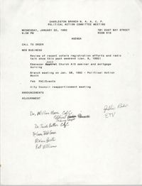 Agenda, Political Action Committee Meeting, Charleston Branch of the NAACP, January 22, 1992