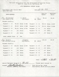Life Membership Report Blank, Charleston Branch of the NAACP, Dorothy Jenkins, December 30, 1990