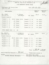 Life Membership Report Blank, Charleston Branch of the NAACP, Dorothy Jenkins, December 15, 1990