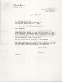Letter from Russell Brown to Raymond W. Barrett, April 23, 1986
