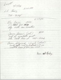 Handwritten Notes, Contact Information, February 17, 1993