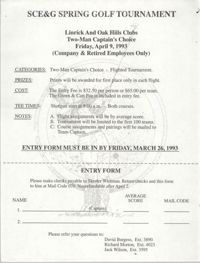 Entry Form, SCE&G Spring Golf Tournament, April 9, 1993