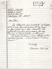 Handwritten letter from Francis Kell D. to John Johnston, September 7, 1985
