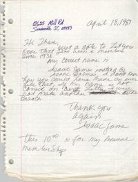 Membership Renewal Letter, Isaac James, April 18, 1987