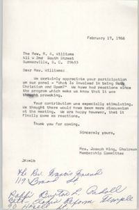 Letter from Mrs. Joseph King to R. A. Williams, February 17, 1966