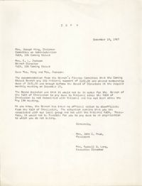 Letter from Mrs. John C. Hawk and Mrs. Russell D. Long to Mrs. Joseph King and Christine O. Jackson, December 19, 1967