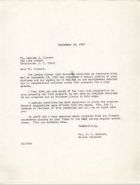 Letter from Christine O. Jackson to William J. Clement, September 19, 1967