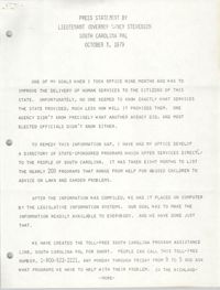 Press Statement by Lieutenant Governor Nancy Stevenson, October 3, 1979