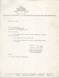 Letter from Bobby D. Gist to Joe Collins, Jr., February 23, 1977