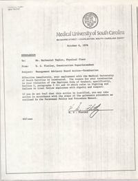 Medical University of South Carolina Memorandum, October 6, 1976