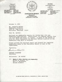 Letter from Barbara Kingston to Isazetta Spikes, October 5, 1991