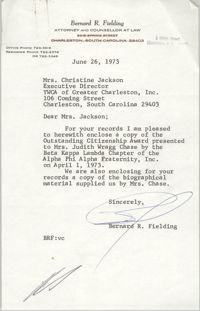 Letter from Bernar R. Fielding to Christine O. Jackson, June 26, 1973