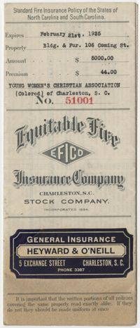 Standard Fire Insurance Policy, The Young Women's Colored Christian Association of Charleston, S. C., 1934 to 1935