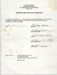 Consent Form for NAACP Assistance Signed by Rodney Davis, April 1, 1993