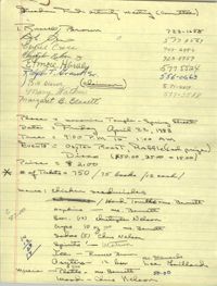Handwritten list of names, contact information, event information, and supplies