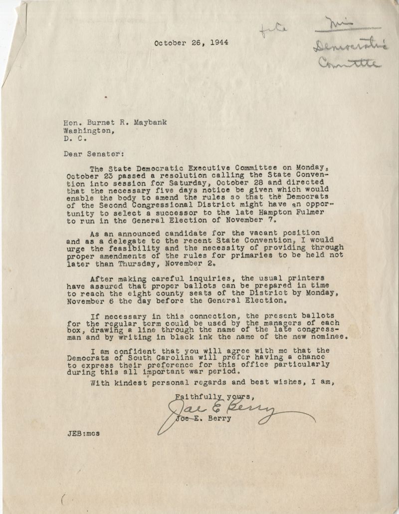 Democratic Committee: Letter from Joe E. Berry to Senator Burnet R ...